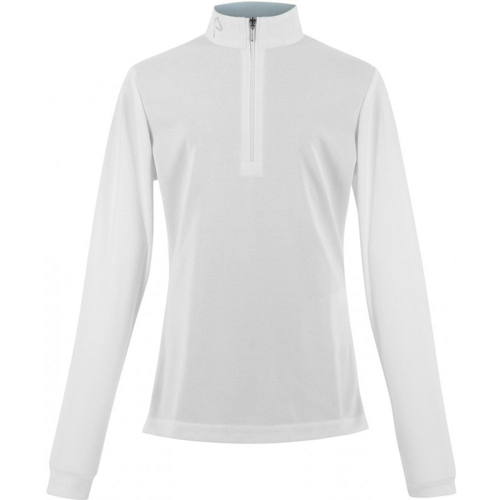 White long-sleeve shirt with a quarter zip on a white background