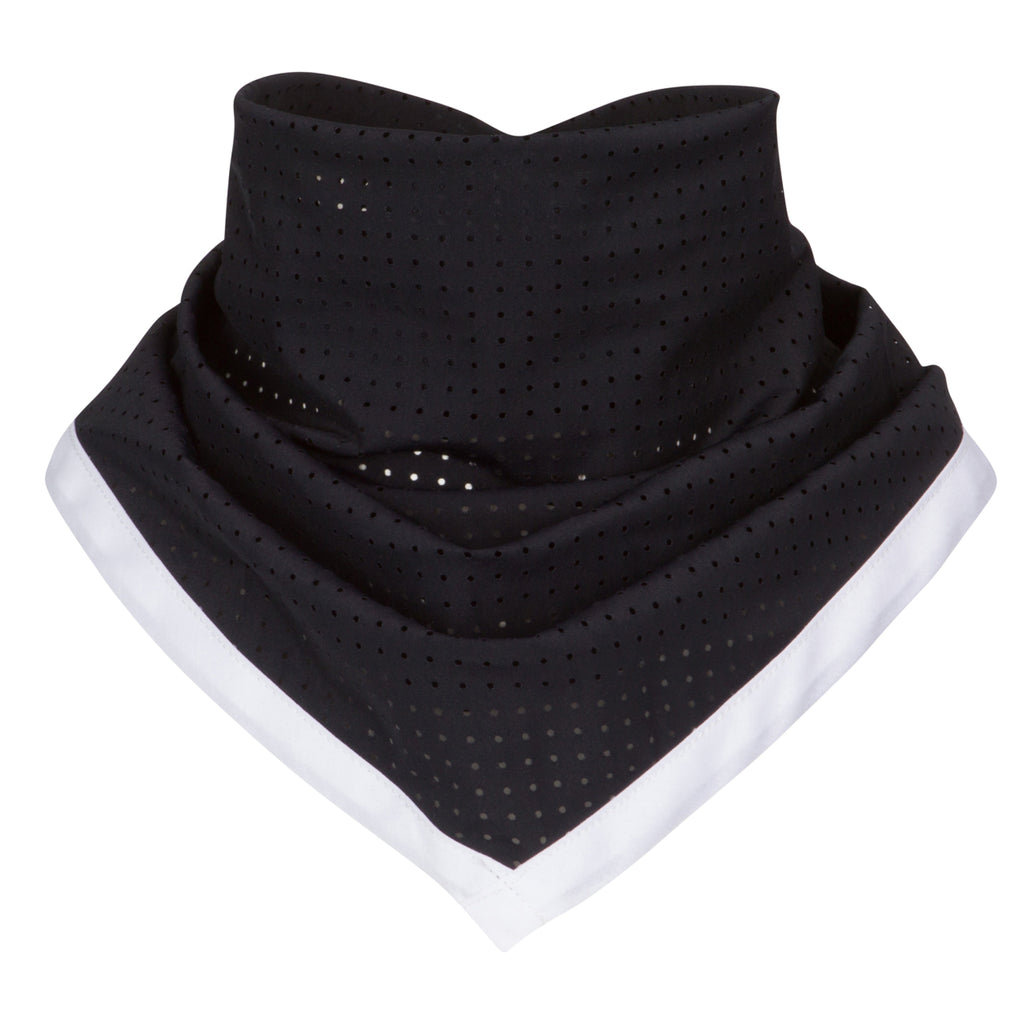Black perforated neck gaiter with white trim on a white background