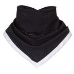 Black perforated neck gaiter with white trim on a white background