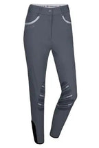 Gray riding pants with white accents on a white background