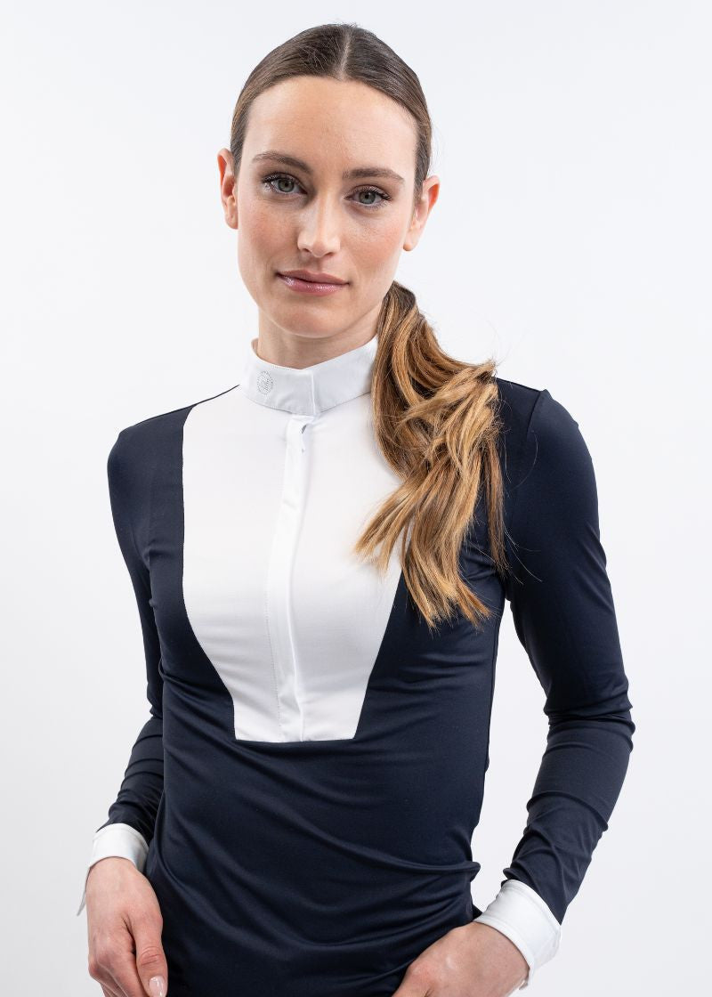 women's black long sleeve equestrian show shirt with white bib, collar, and cuffs.