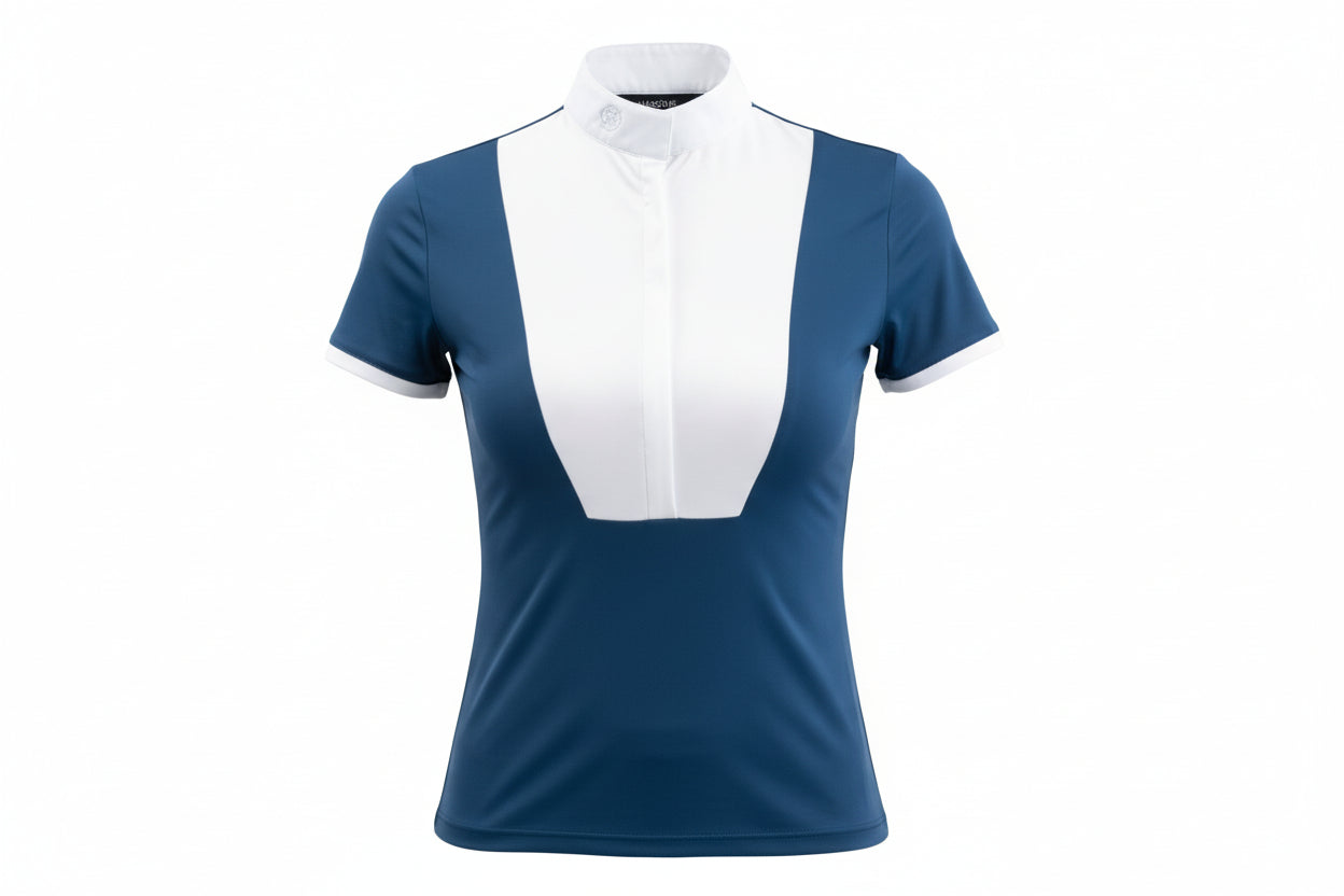 Blue and white short-sleeve show shirt on a white background