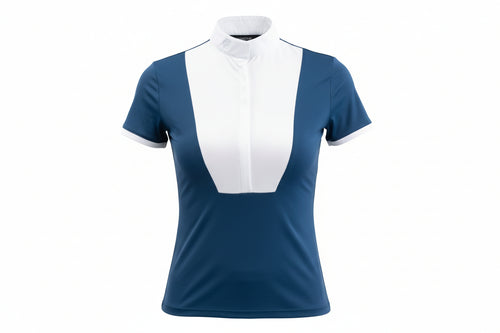 Blue and white short-sleeve show shirt on a white background