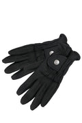 black equestrian riding gloves on a white surface