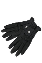 black equestrian riding gloves on a white surface