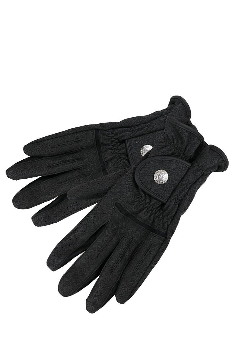black equestrian riding gloves on a white surface