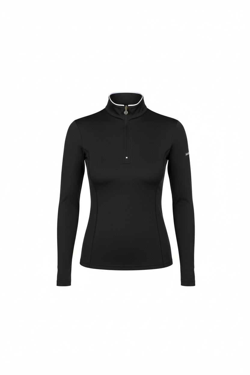 black long sleeve technical shirt with white details on a white background