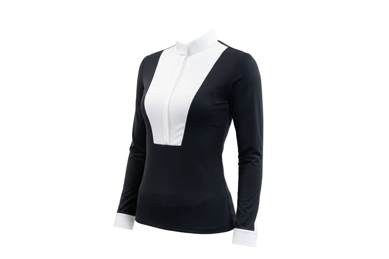 women's black equestrian show shirt with white collar and bib