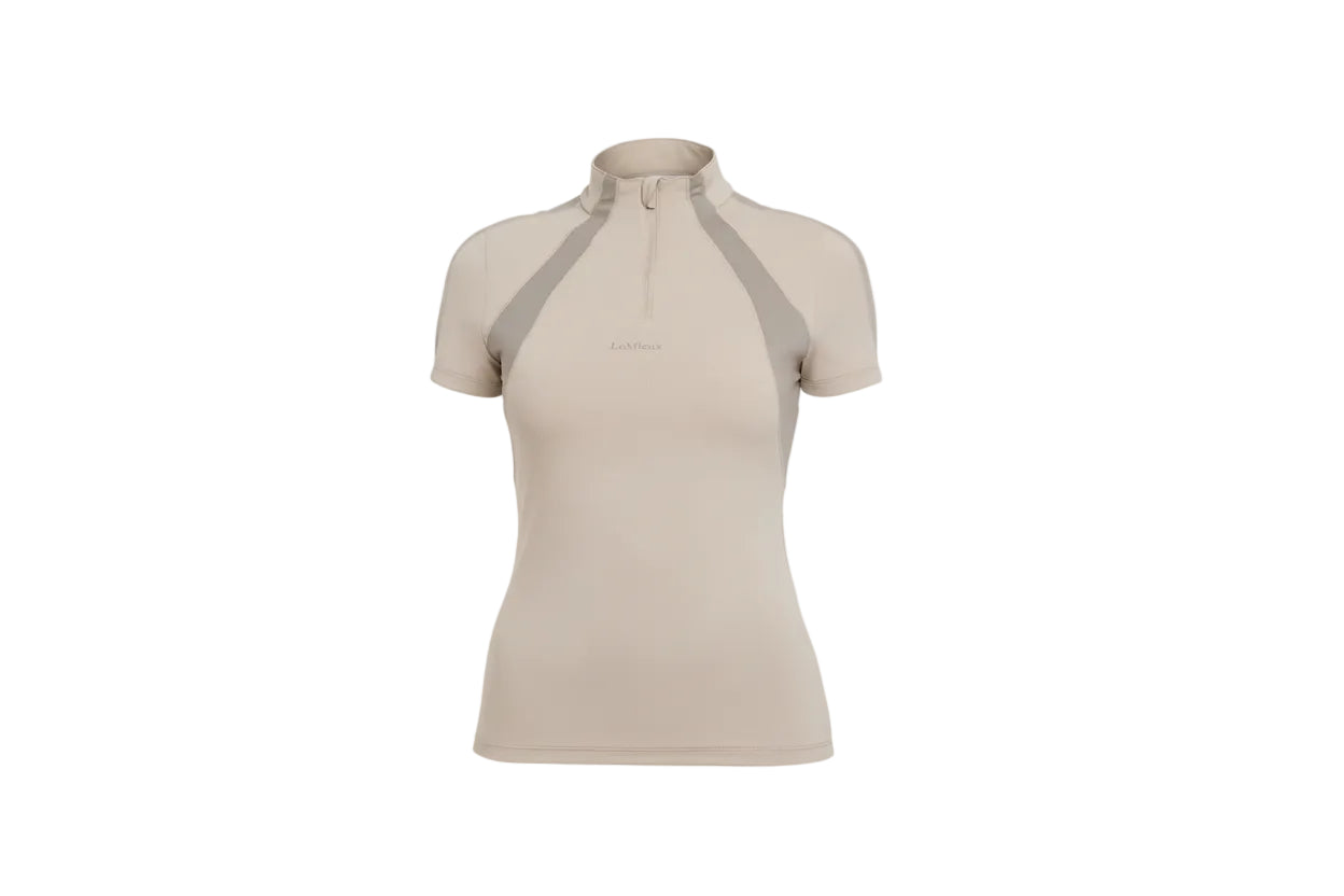 women's beige short sleeve athletic top with 3/4 zipper and breathable mesh