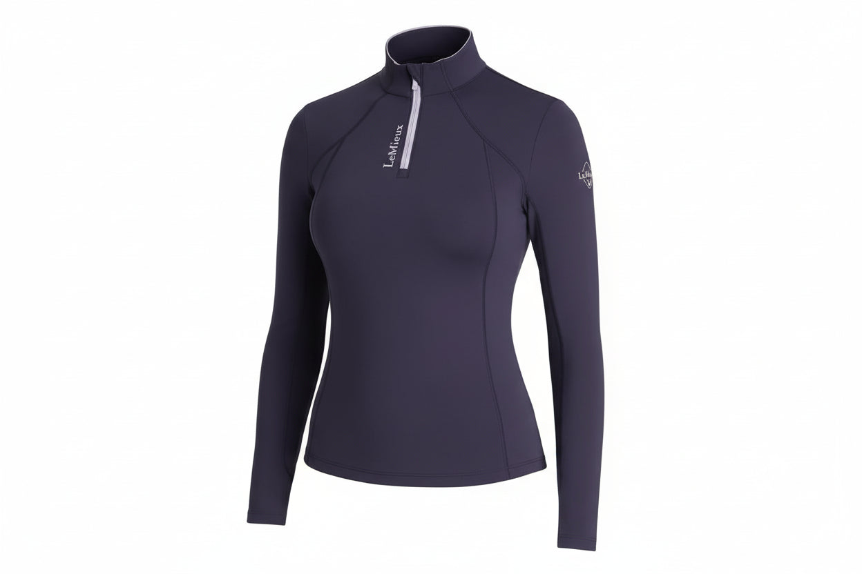 dark purple womens long sleeve athletic top with 3/4 zipper and LeMieux branding