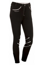Black riding pants with white branding on a white background