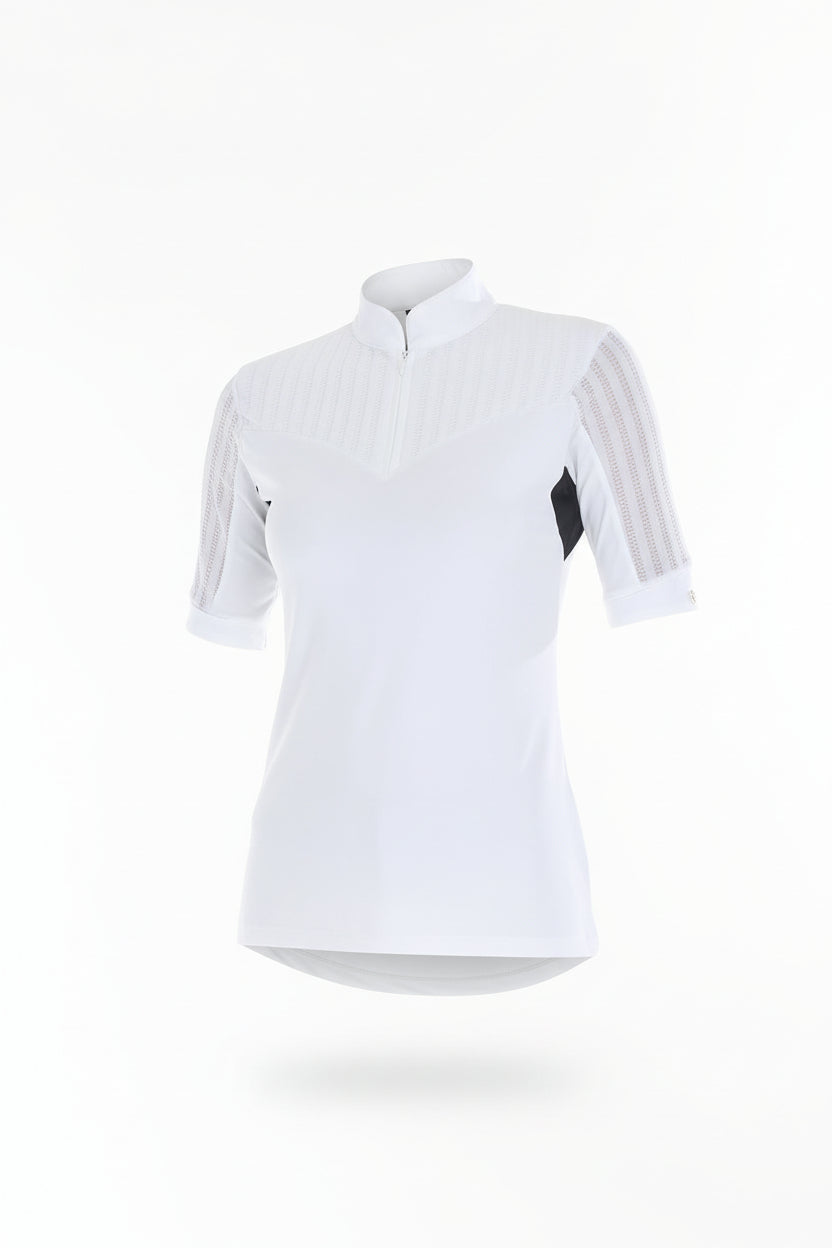 Woman wearing a white short-sleeve shirt with a collar on a white background