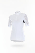 Woman wearing a white short-sleeve shirt with a collar on a white background