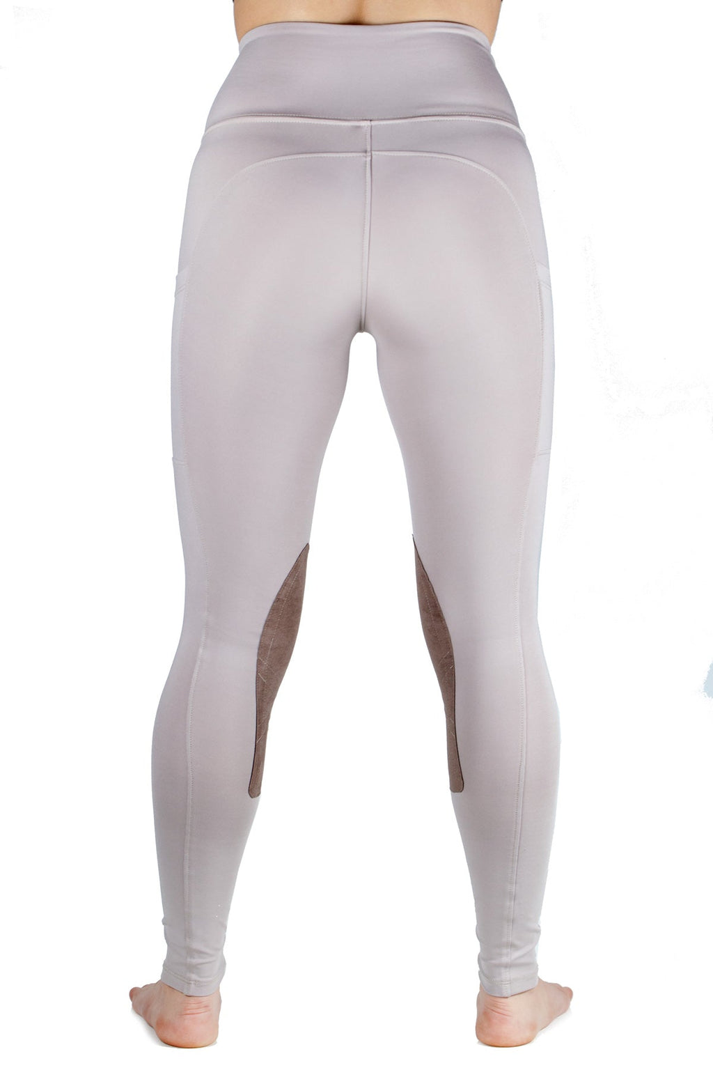Light gray equestrian leggings with mesh panels on a white background
