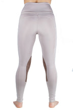 Light gray equestrian leggings with mesh panels on a white background