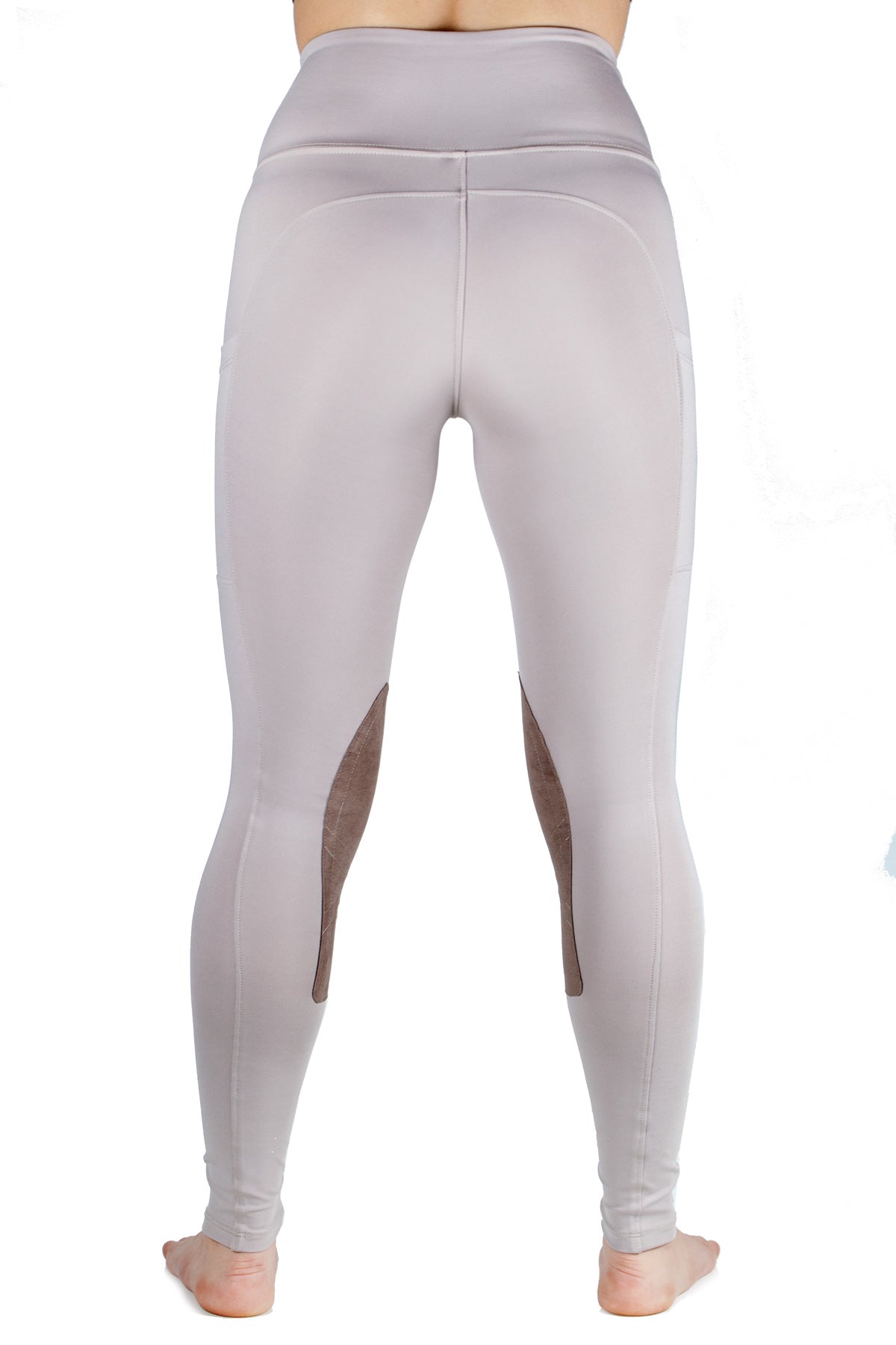 Light gray equestrian leggings with mesh panels on a white background