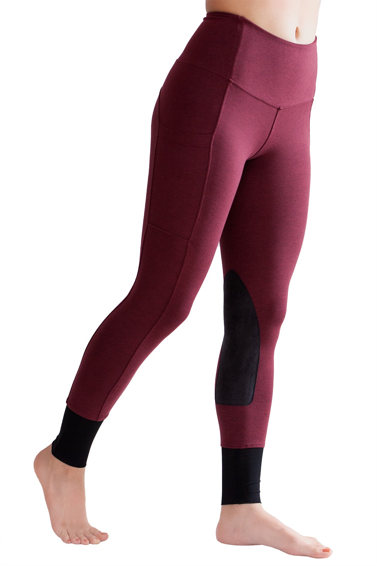 Maroon riding leggings with black accents on a white background