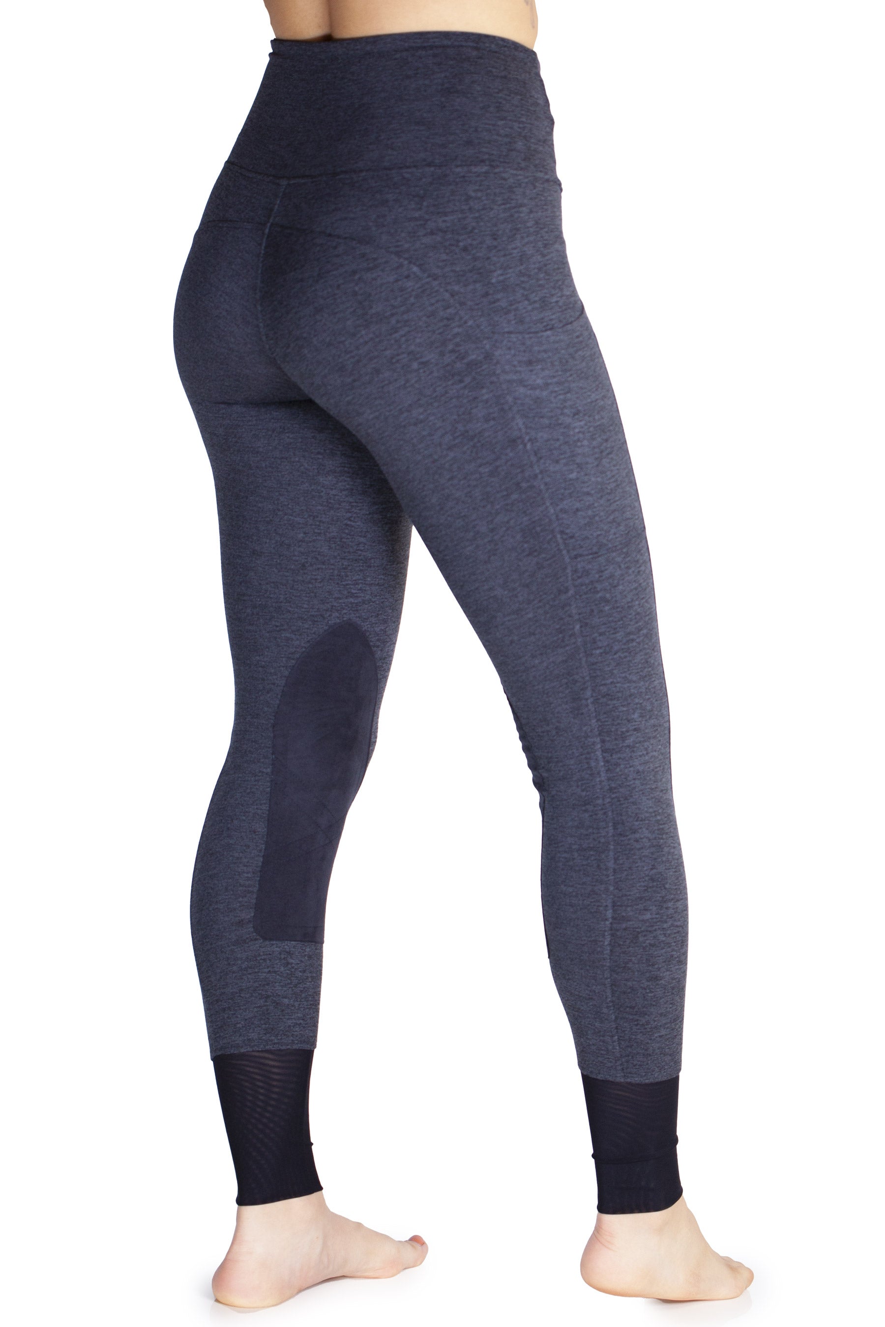 Dark gray riding leggings with black accents on a white background
