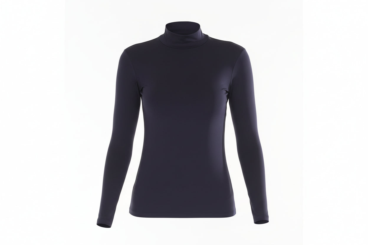 Woman wearing a navy turtleneck sweater on a white background