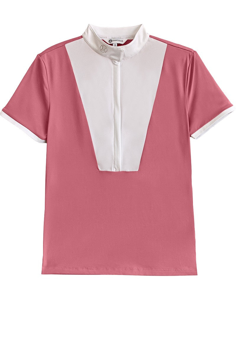 Pink and white short-sleeve show jumping shirt on a white background
