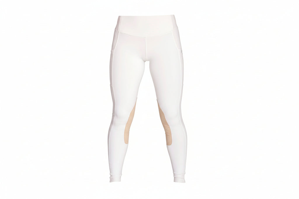 White  equestrian leggings with sheer panels and beige knee grips on a white background