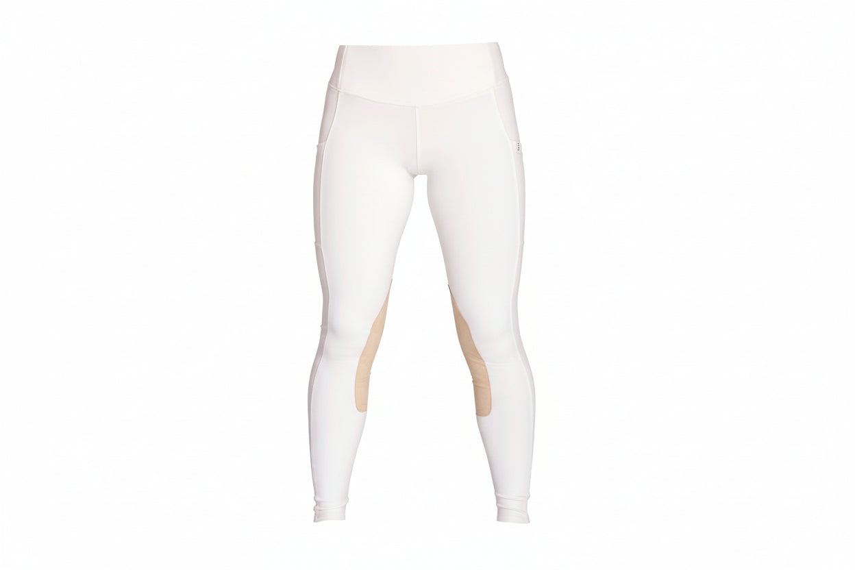 White  equestrian leggings with sheer panels and beige knee grips on a white background