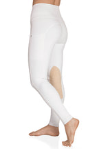 White equestrian riding leggings with mesh panels on a white background